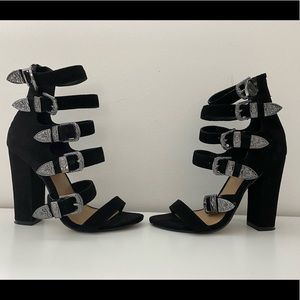 Steve Madden black velvet chunky heels with buckles